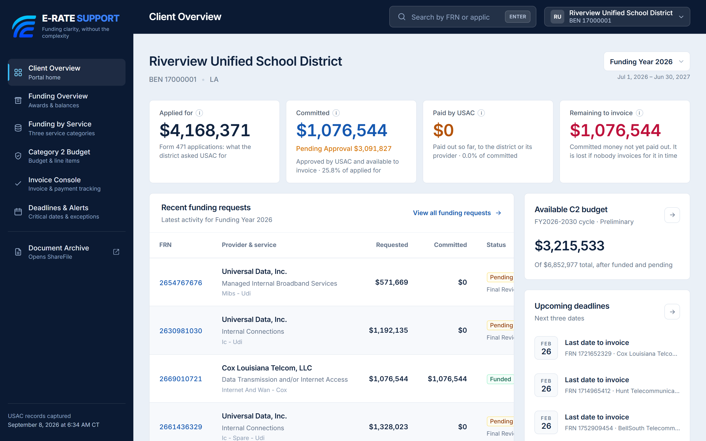 E-Rate Support client portal showing a sample district's funding summary, recent requests, Category 2 budget and next deadlines